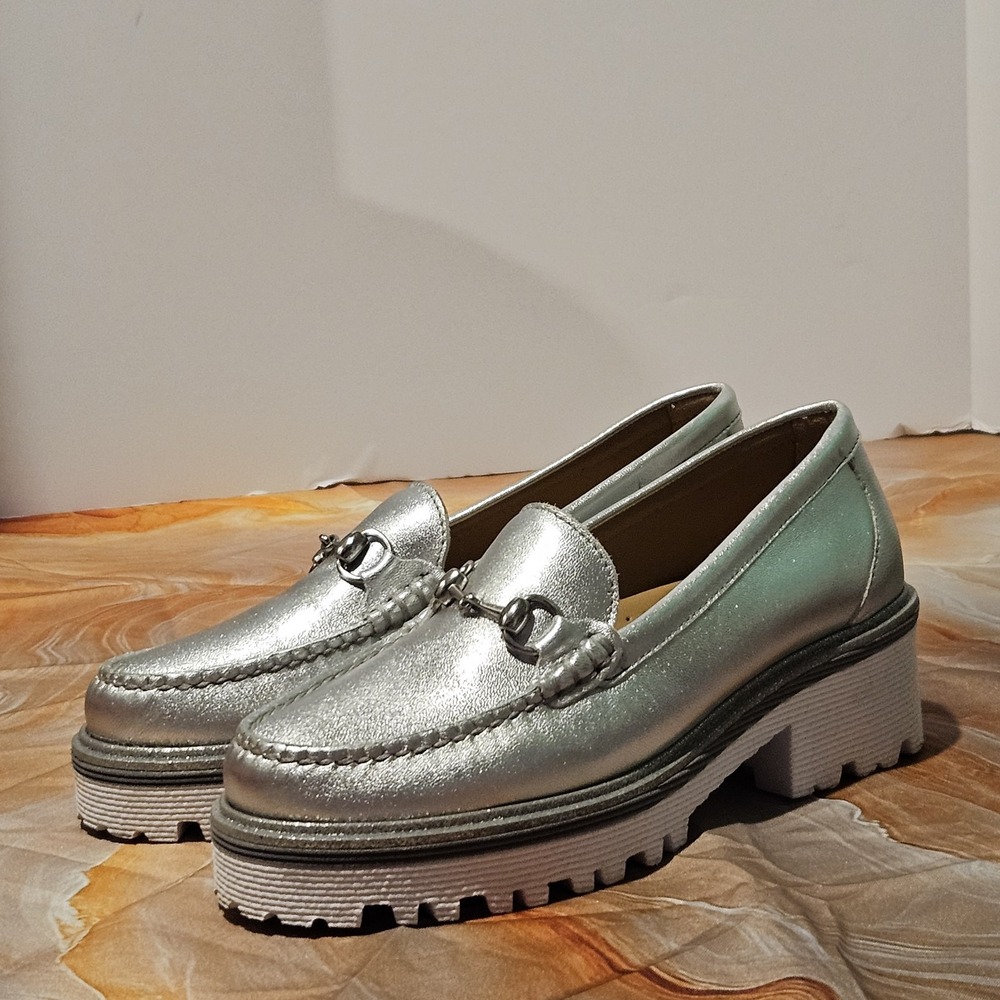 Johnston & Murphy Womens 7B Silver Leather Horsebit Loafers Chunky Lug Heel